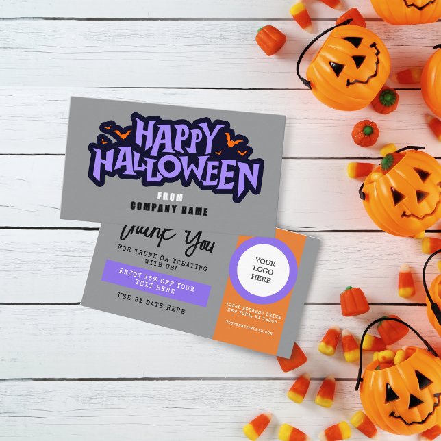 Cartão De Visita Tronco de cinza ou Cupão de Dia das Bruxas (Halloween Discount Coupon Business Cards Pack of 100 in Orange, Purple and Grey and Black)