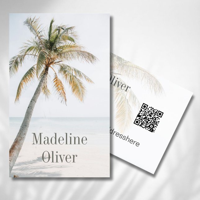 Cartão De Visita Tropical Palm Tree Modern QR Code (Criador carregado)