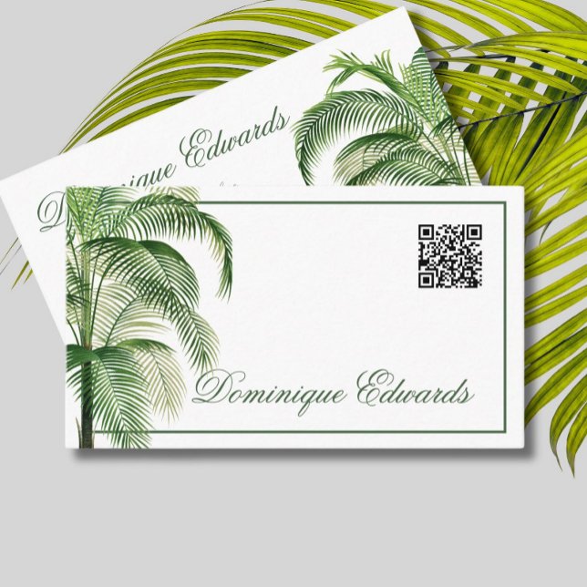 Cartão De Visita Tropical Palm Tree QR Code Green Professional (Criador carregado)