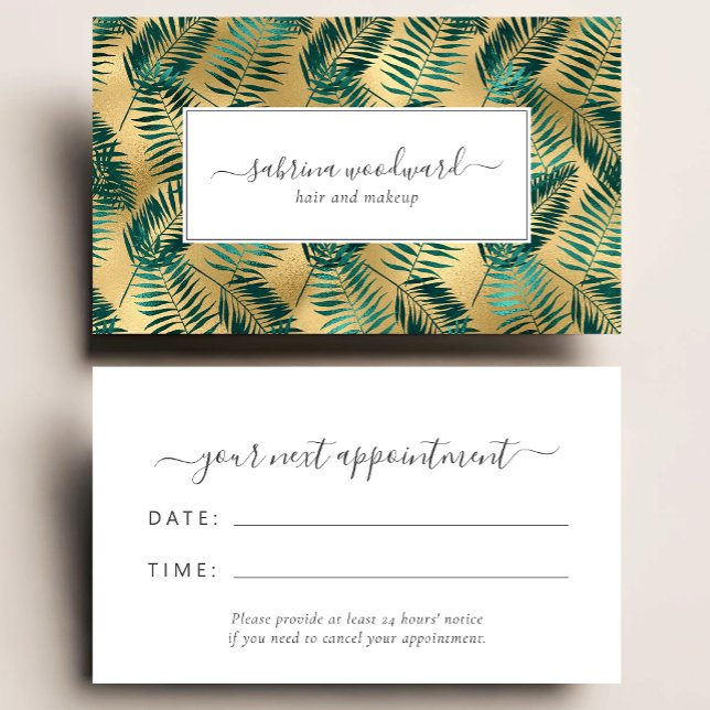 Cartão De Visita Tropical Teal Gold Foliage Pattern Appointment (Criador carregado)