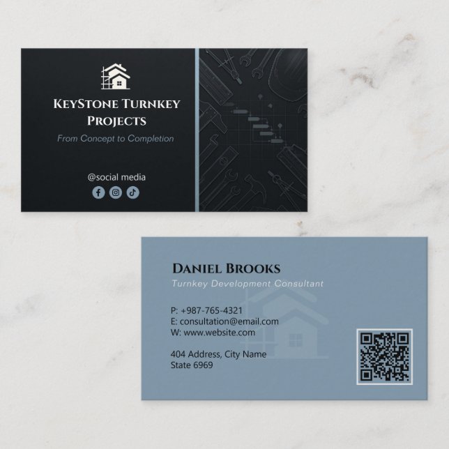 Cartão De Visita Turnkey Construction Services | Minimalist Black (Frente/Verso)