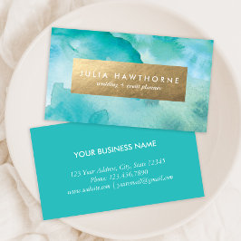 Cartão De Visita Turquesa Aquarela e Folha Dourada