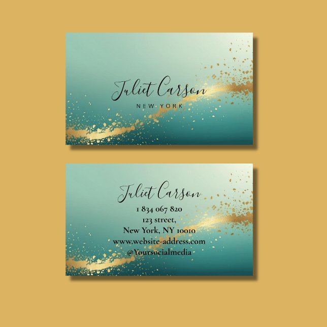 Cartão De Visita Turquesa Azul Dourado Script (Criador carregado)