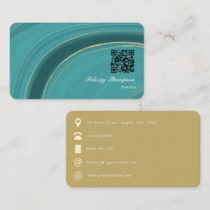 Cartão De Visita Turquesa - Código QR de Ágata Azul e Dourado
