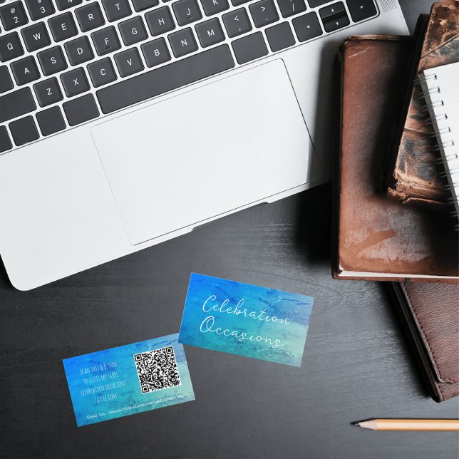 Cartão De Visita Turquesa de efeito mármore simples e código QR azu (Back And Front)