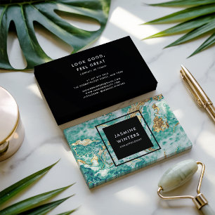 Cartão De Visita Turquesa dourada mármore aquarela elegante