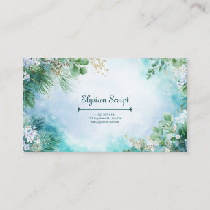 Cartão De Visita Turquesa Dourado Floral Botânico Aquarela