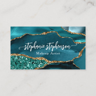 Cartão De Visita Turquesa Dourado Verde Água Brilho Ágata Único Ous