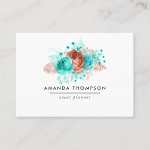 Cartão De Visita Turquesa e Coral Floral Aquarela