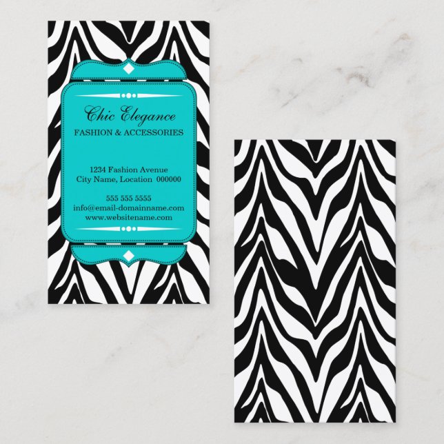 Cartão De Visita Turquesa elegante do impressão da zebra (Frente/Verso)