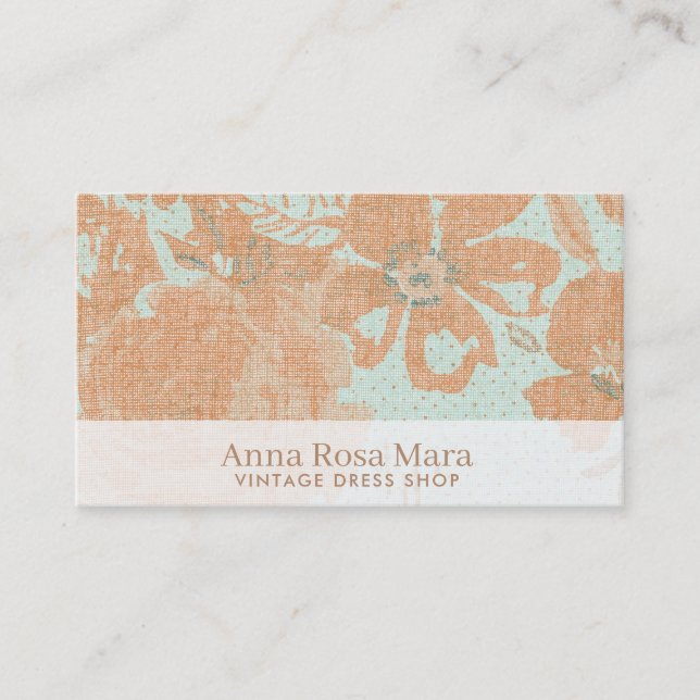 Cartão De Visita Turquesa floral Dourado de bronze de linho do (Frente)
