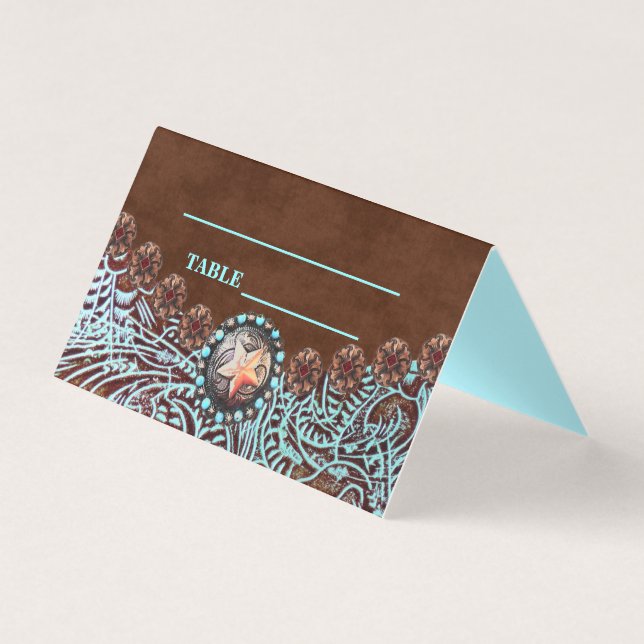 Cartão De Visita Turquoise Brown country western Wedée Place Card (Frente)