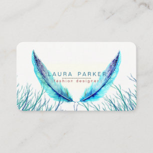 Cartão De Visita Turquoise Feather Watercolor Boho Teal Beach