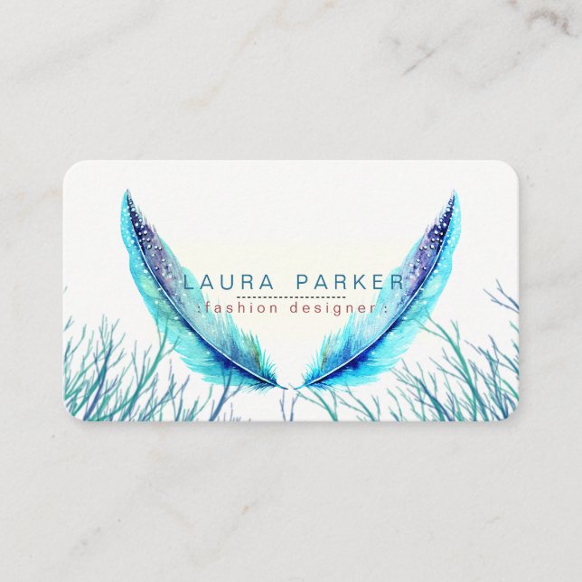 Cartão De Visita Turquoise Feather Watercolor Boho Teal Beach (Frente)