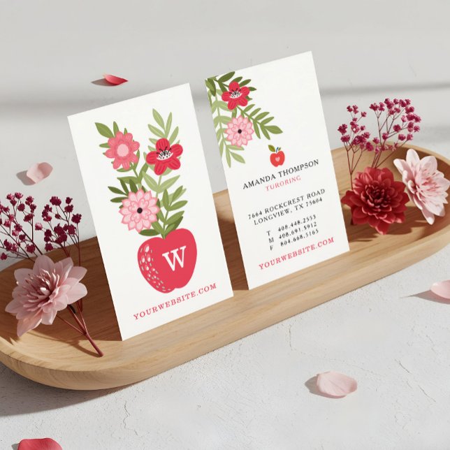 Cartão De Visita Tutoring Floral Red Apple Learning (Blooming Floral Red Apple Learning Tutoring Business Card)
