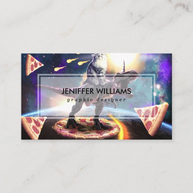 Cartão De Visita Um gato dirigindo unicórnio de dinossauro no espaç (Frente)