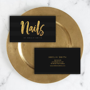 Cartão De Visita Unhas de Script de Pincel com Faixa Preta Elegante