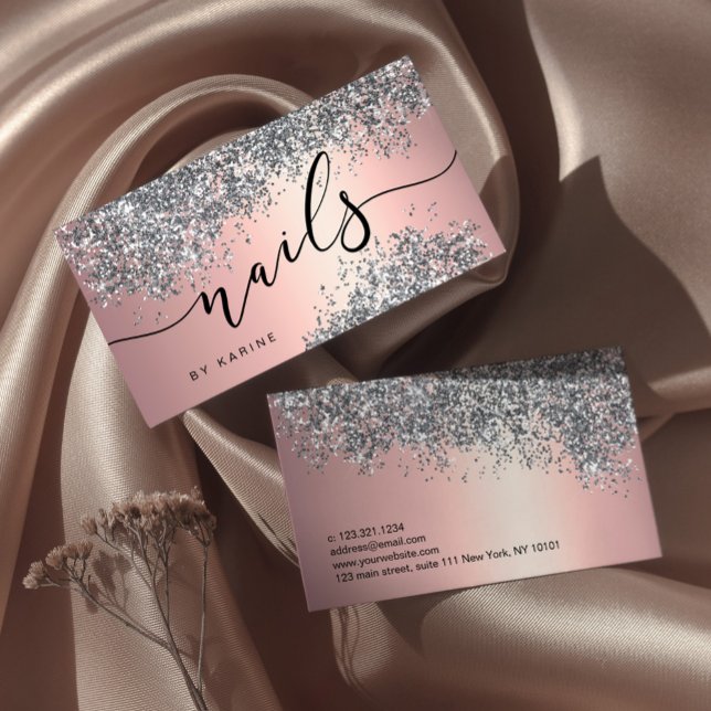 Cartão De Visita Unhas metálicas brilhantes de na moda prata elegan (Criador carregado)