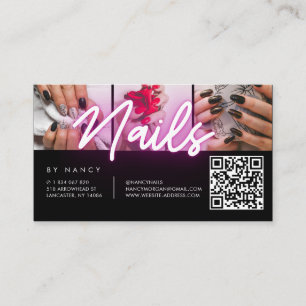 Cartão De Visita Unhas Tipografia Neon Rosa Colagem de Fotos Códi