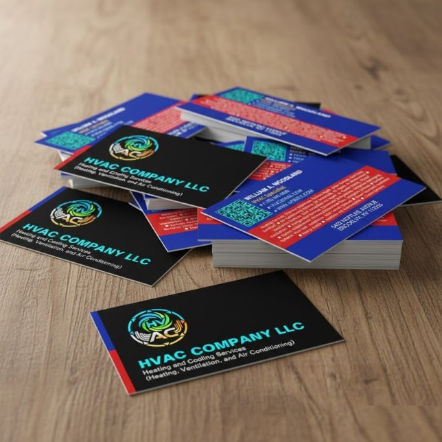 Cartão De Visita Unique Heating & Cooling Logo | Black HVAC Company (professional cards for contractors, HVAC company brand materials, air conditioning repair business)