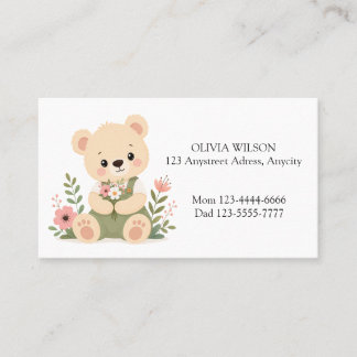 Cartão De Visita Ursa de pelúcia fofa segurando um buquê de flores