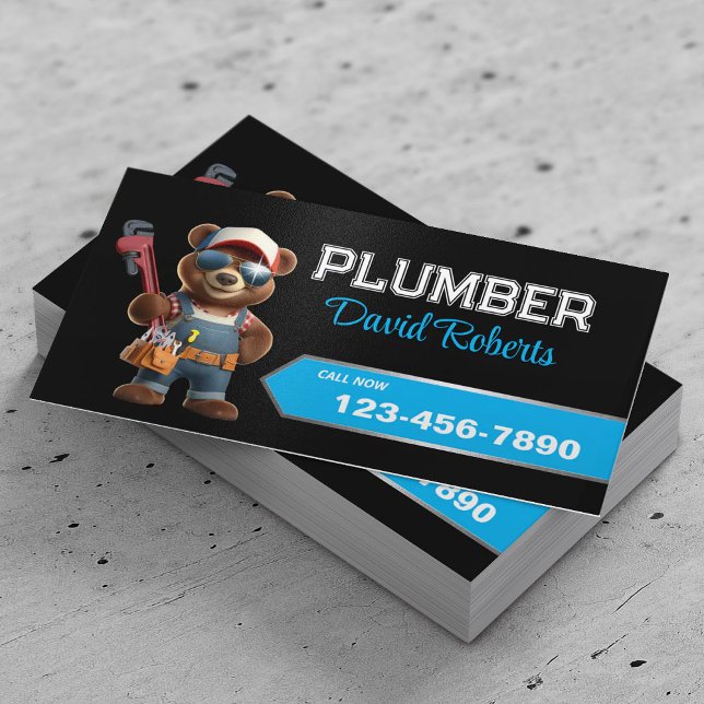 Cartão De Visita Urso de Canalizador Handyman & Plumber Black (Criador carregado)