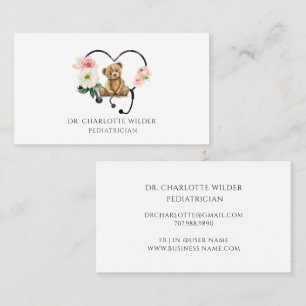 Cartão De Visita Urso de pelúcia estetoscópio floral Pediatra