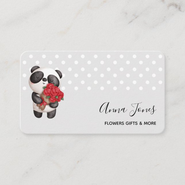 Cartão De Visita Urso Panda Fofo com Buquê de Rosas (Frente)