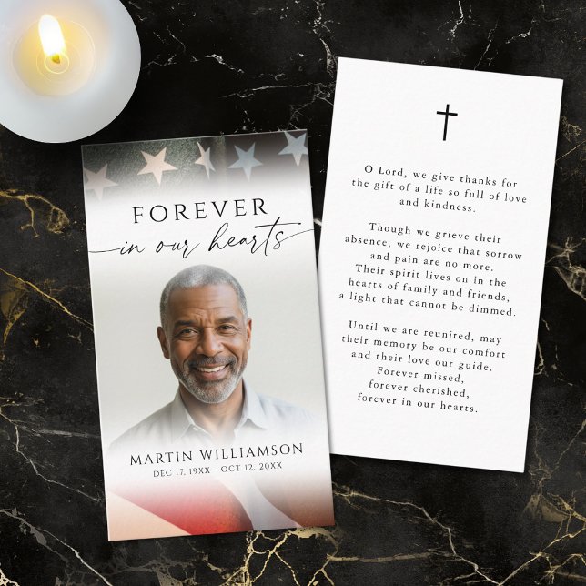 Cartão De Visita USA Flag Military Photo Cross Funeral Prayer Card (Criador carregado)