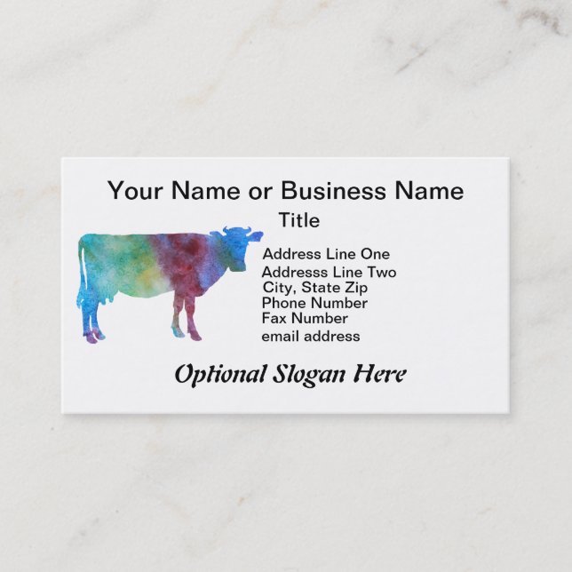 Cartão De Visita Vaca do arco-íris com texto customizável (Frente)