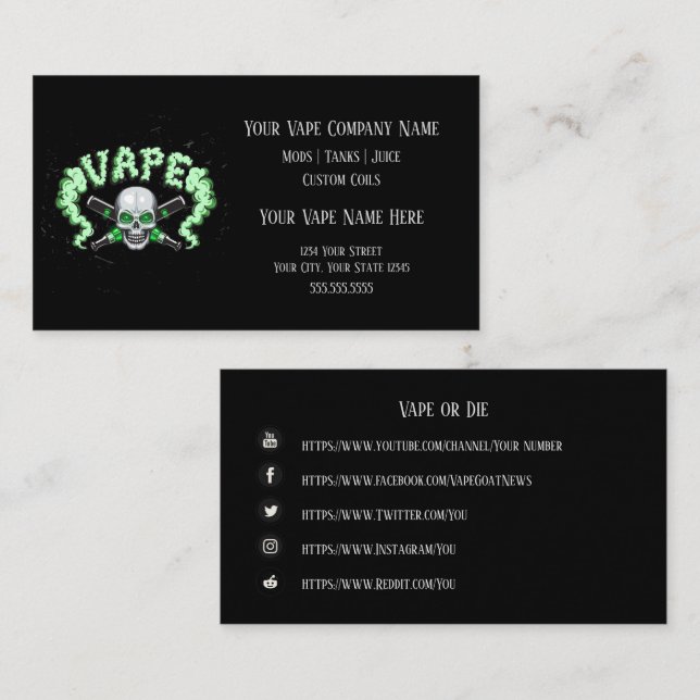 Cartão De Visita VAPE | Vape Skull Business com Mídia Social (Frente/Verso)