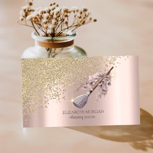 Cartão De Visita Vassoura Floral Diamantes Dourados Faxineira Limpe