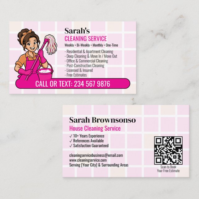Cartão De Visita Vassoura Rosa e Balde Desenho Animado Dona de Casa (Frente/Verso)
