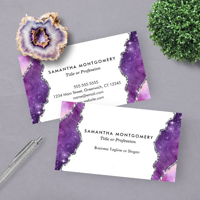 Cartão De Visita Veias Prateadas Rosa Púrpura Chic Agitam Profissio (Chic Purple Pink Silver Veins Agate Professional Business Card)