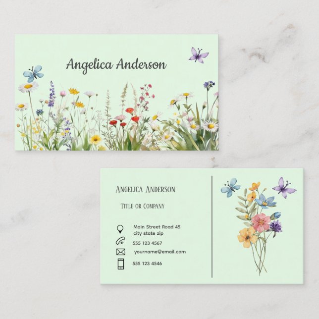 Cartão De Visita Verde claro Feminina de Aquarela Prados de Flores  (Frente/Verso)