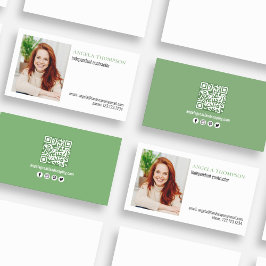 Cartão De Visita Verde de Foto de Código QR Profissional Simples