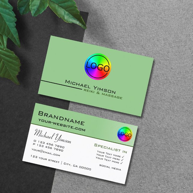 Cartão De Visita Verde e branco de faixa simples com o profissional (Criador carregado)