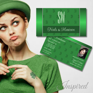 Cartão De Visita Verde Elegante com Foto e Padrão de Monograma Chic