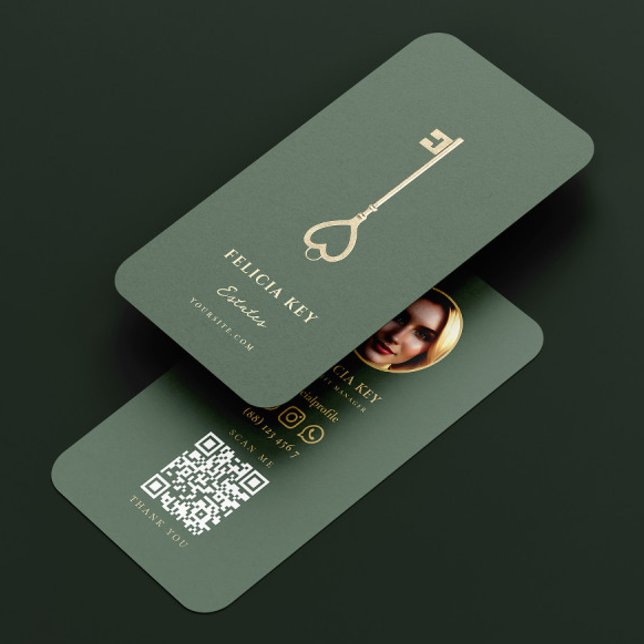 Cartão De Visita Verde Imobiliário Dourado Vintage (Modern Realtor Vintage Gold Key Real Estate Green Business Card
)