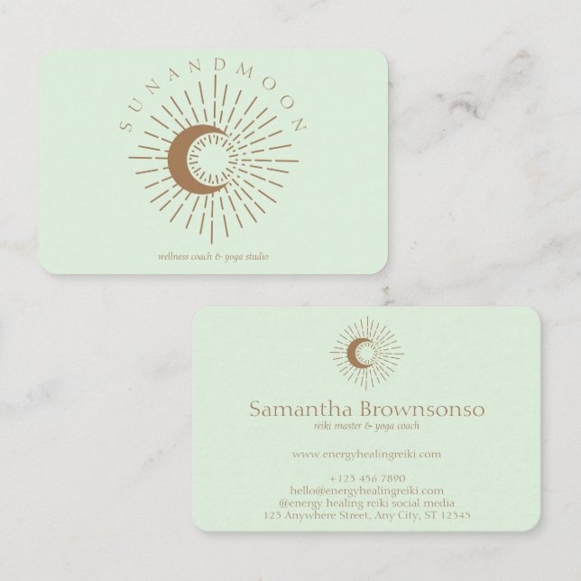 Cartão De Visita Verde Marrom Elegante Moderno Celestial Sol Lua (Frente/Verso)