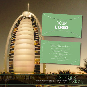 Cartão De Visita Verde Sage com Decor Prateado e Chic Logotipo Simp