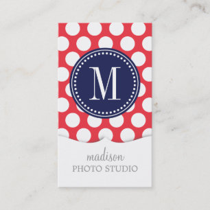 Cartão De Visita Vermelho & bolinhas grandes de Navy  Monogrammed