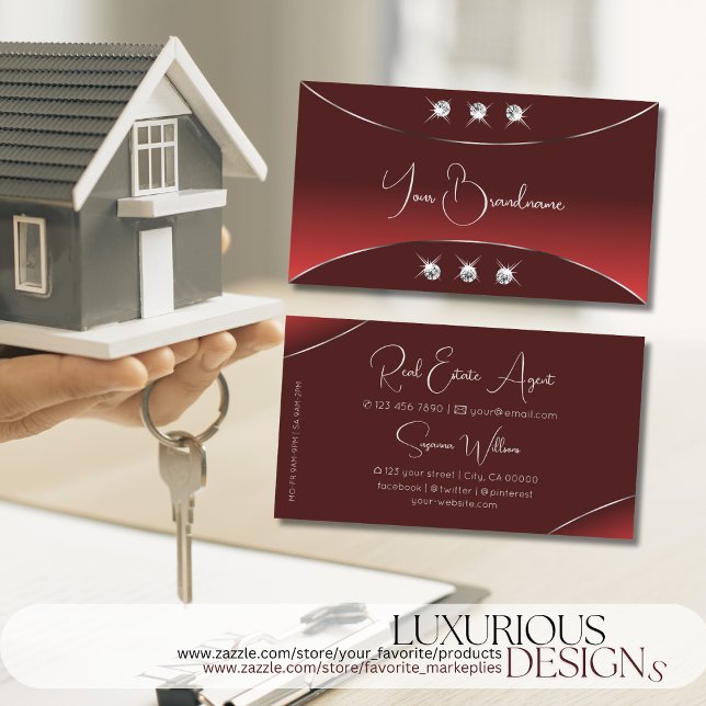 Cartão De Visita Vermelho Luxuoso com Diamantes de Prata (Criador carregado)