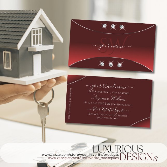 Cartão De Visita Vermelho luxuoso com Ouros de decoração prateada e (Criador carregado)