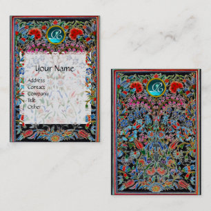 CARTÃO DE VISITA VERMELHO PINK - FLORES ORIENTAIS AZUIS - MONOGRAMA