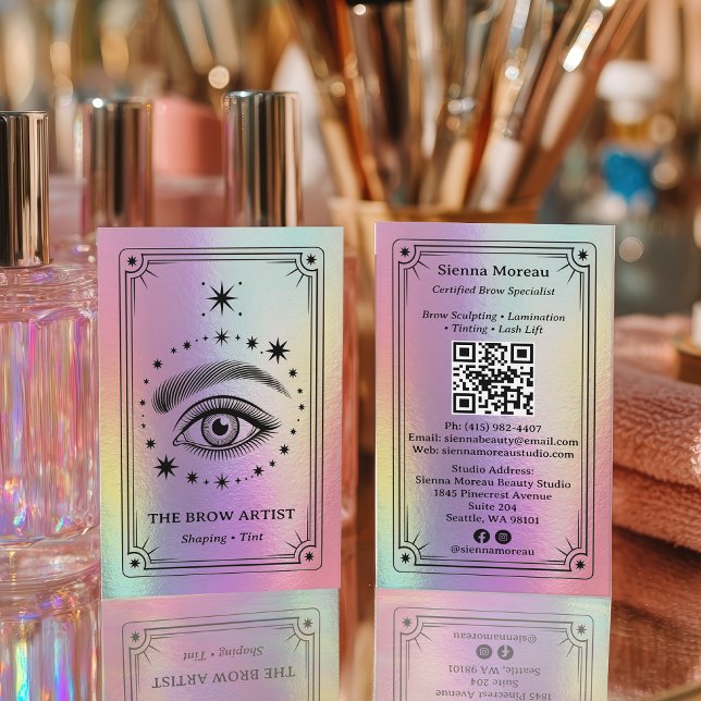 Cartão de Visita Vertical Holográfico Arco-íris Ce (Holographic Rainbow Celestial Tarot Brow Artist QR Business Card)