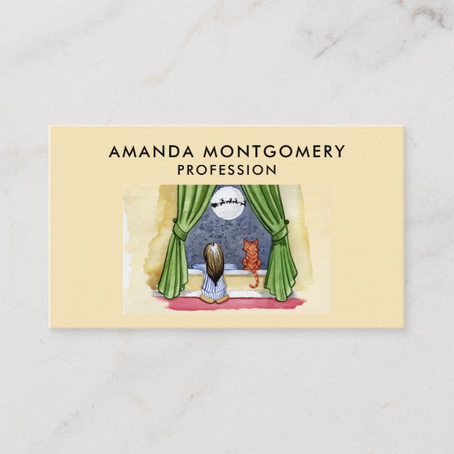 Cartão De Visita Véspera de Natal Cama Cóta Criança e Gatinho (Frente)