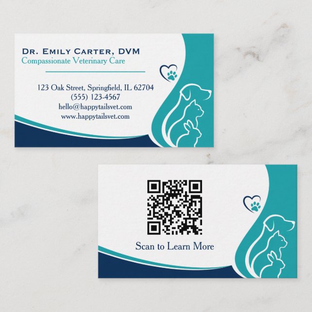 Cartão de Visita Veterinário Elegante Com Código Q (Frente/Verso)