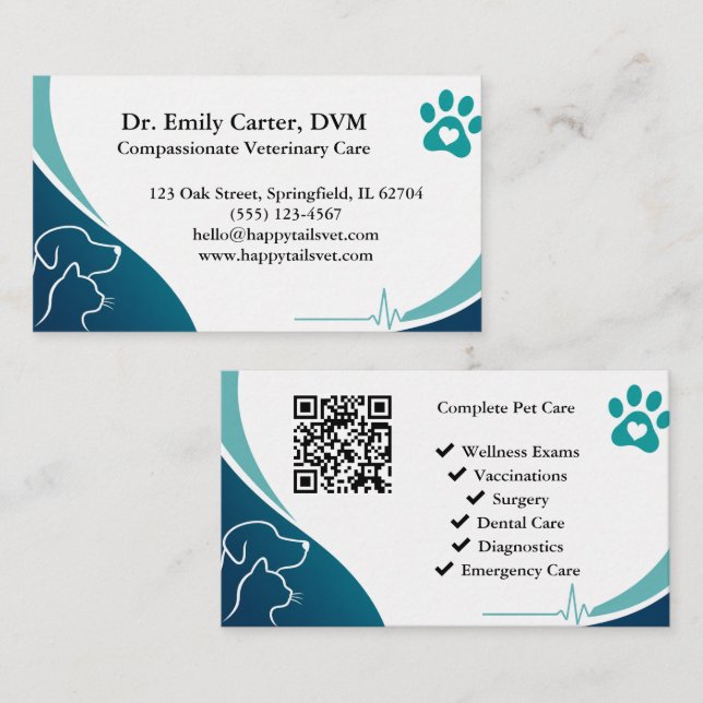Cartão de Visita Veterinário Moderno Com Código QR (Frente/Verso)