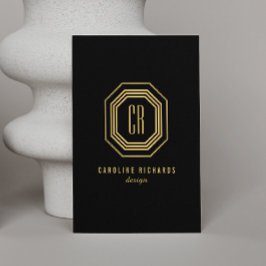 Cartão De Visita Vintage Art Deco Monograma Dourado/Preto Vertical